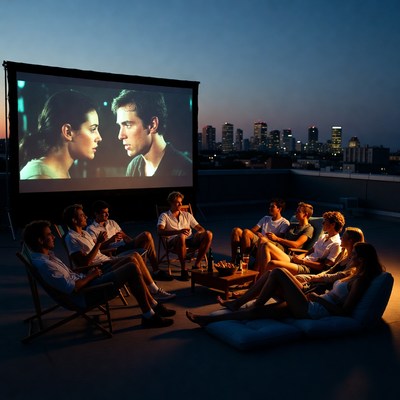 Group watching movie on rooftop