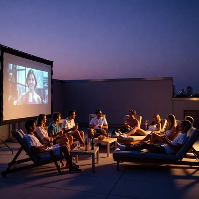 Group watching movie on rooftop