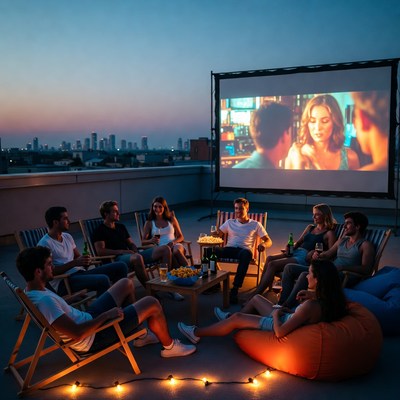 Group watching movie on rooftop