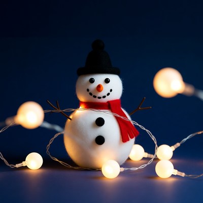 Snowman with red scarf and fairy lights
