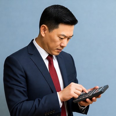 Asian man calculating with calculator