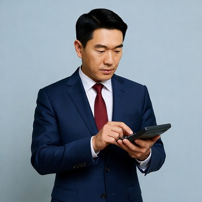 Asian man using calculator in suit