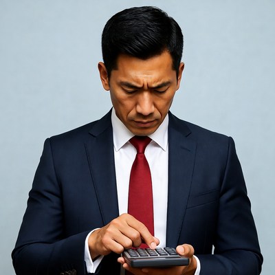 Asian man calculating with calculator