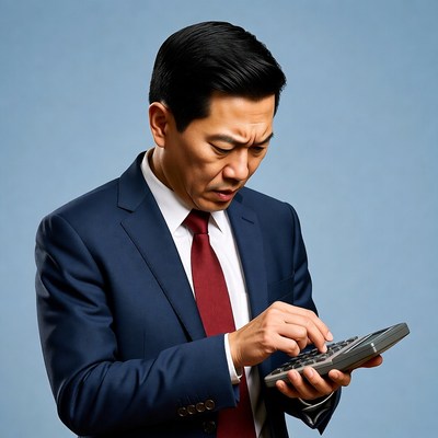 Asian man calculating with calculator