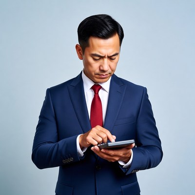 Asian man using calculator in suit