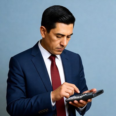 Man using calculator in suit