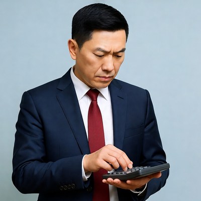 Asian man calculating with calculator