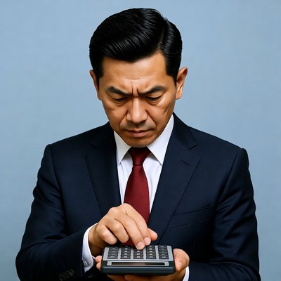 Asian man calculating with calculator