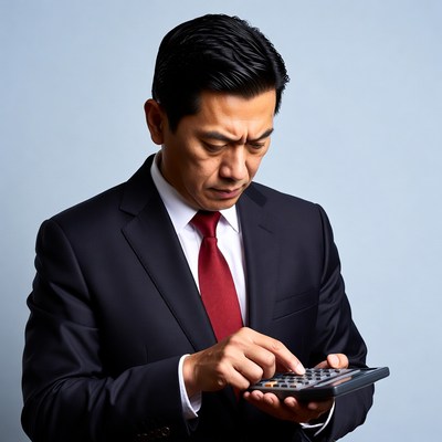 Asian man calculating with calculator