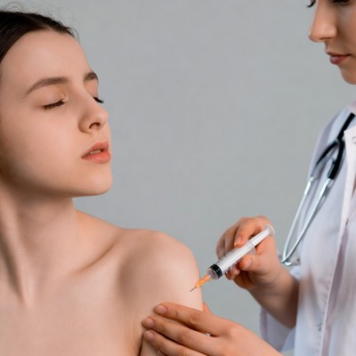 Doctor injecting vaccine into woman's shoulder