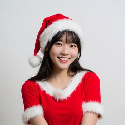 Asian girl in Santa hat and dress
