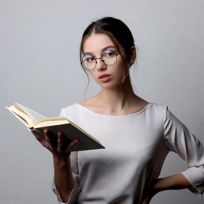 Young woman reading book in glasses