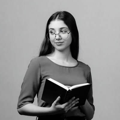 Young woman reading open book