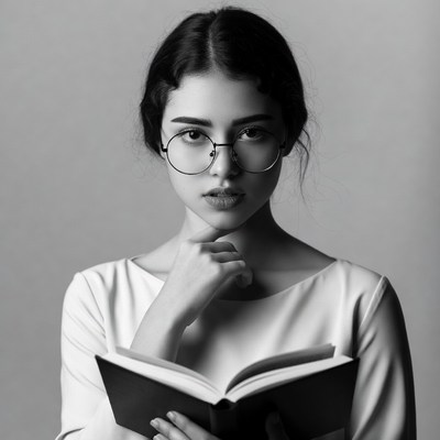 Asian woman reading book in glasses