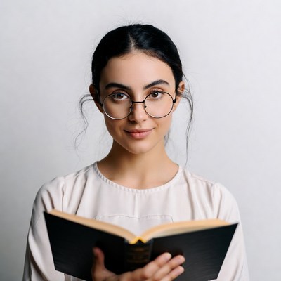 Woman reading book with glasses