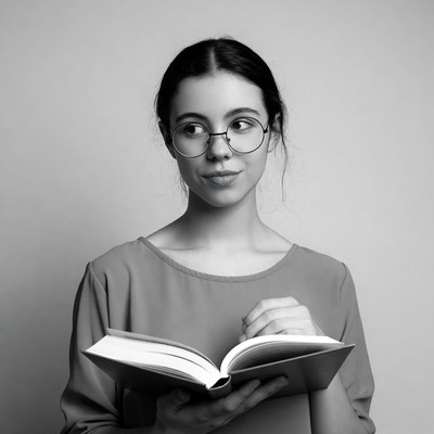 Young woman reading book in glasses