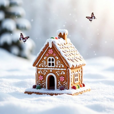 Gingerbread house in snowy landscape