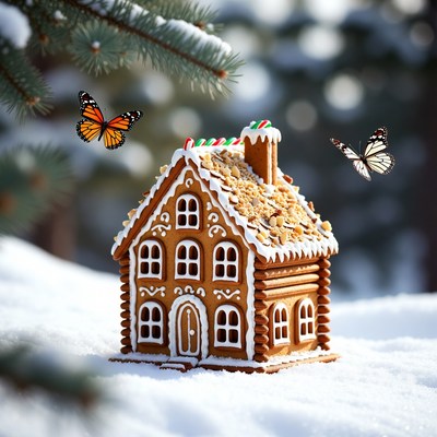 Gingerbread house with butterflies in snow