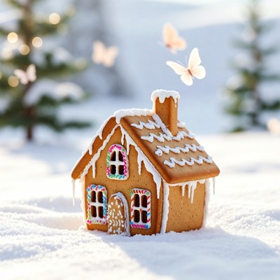 Gingerbread house in snowy landscape