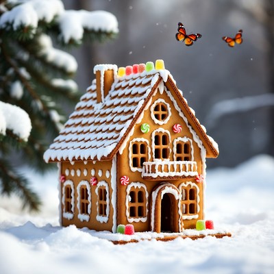 Gingerbread house in snowy forest
