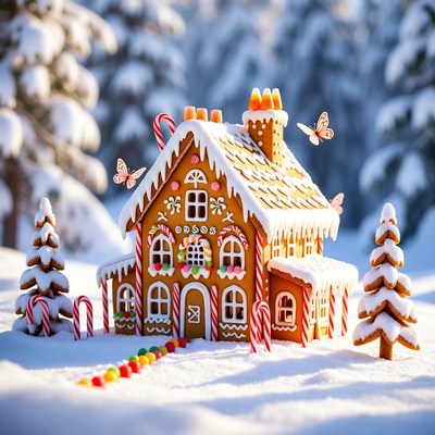 Gingerbread House in Snowy Forest