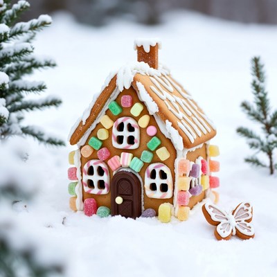 Gingerbread house in snowy forest