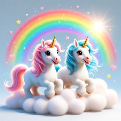 Pink and Blue Unicorns on Clouds