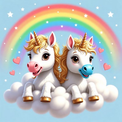 Two Cute Unicorns on Rainbow Cloud