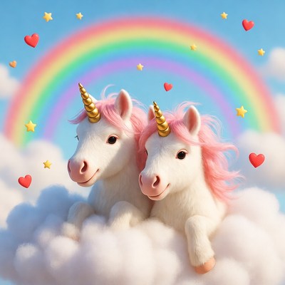 Two Cute Pink-Maned Unicorns on Clouds