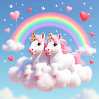 Two Cute Unicorns on Rainbow Clouds