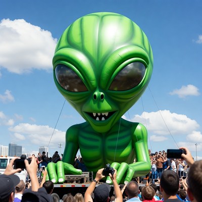 Giant Green Alien Balloon at Crowd Event