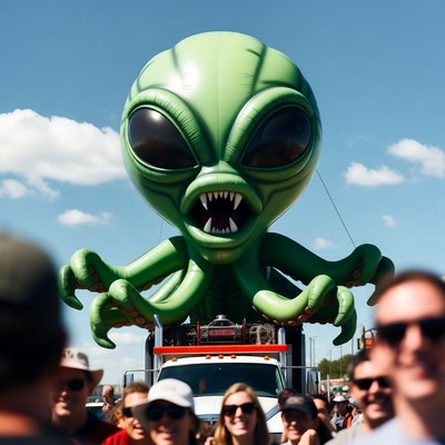Giant Green Alien Balloon on Ambulance