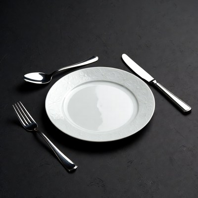 White Plate with Silverware on Black