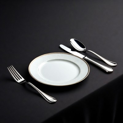 White Plate with Silverware on Black Table