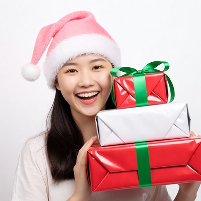 Asian woman holding Christmas gifts