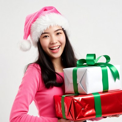 Asian girl holding Christmas gifts