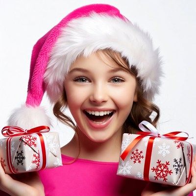 Girl holding Christmas gifts in Santa hat