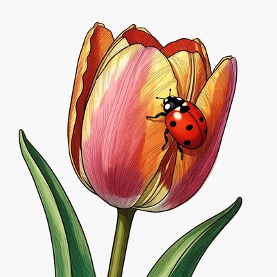 Ladybug on colorful tulip flower