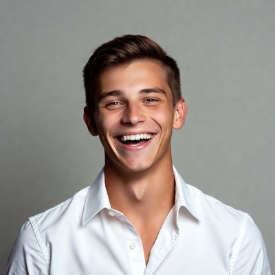 Young man smiling on gray background