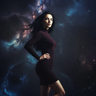 Woman in burgundy dress against galaxy