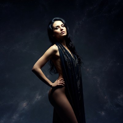 Beautiful woman in black shawl against starry sky