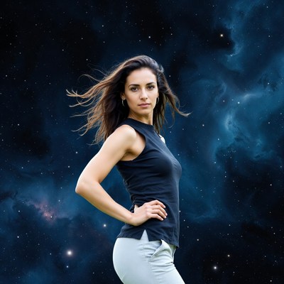Woman posing against starry galaxy