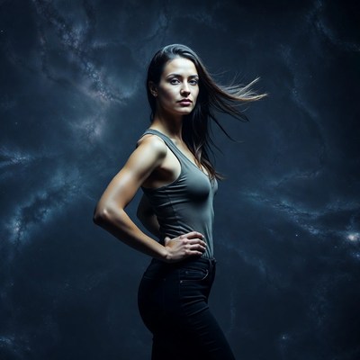 Woman posing with hair blowing in nebula background