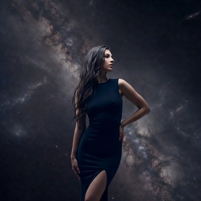 Woman in black dress against galaxy