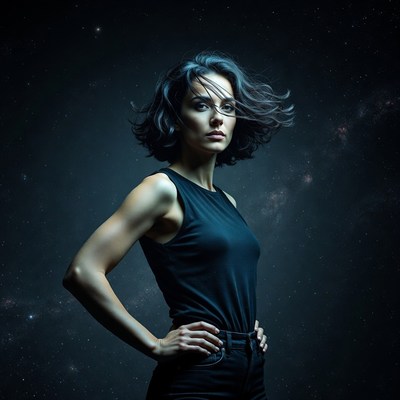 Woman with flowing hair in starry space