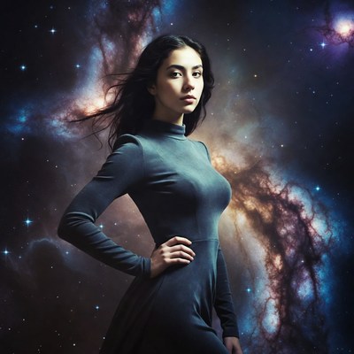 Woman in nebula galaxy background