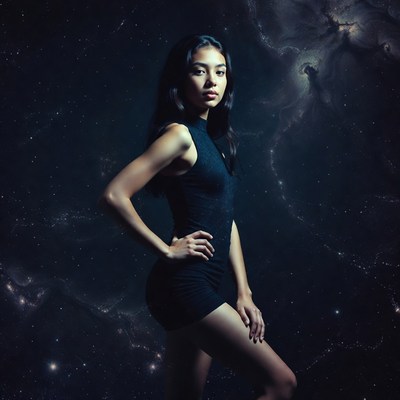 Asian woman in black dress with galaxy background