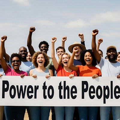 Diverse group holding Power to the People sign