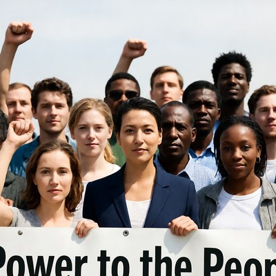 Diverse group holding Power to the People sign