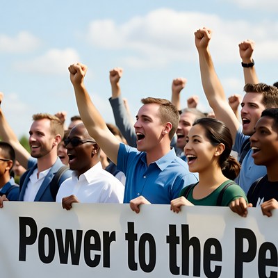 Diverse group raising fists with Power to the People sign